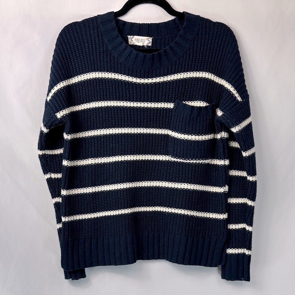 Pink Rose Deep Blue Knitwear Pocketed Long Sleeve Sweater